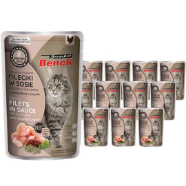 Super Benek Bezzbożowe fileciki dla kota gotowane na parze bogate w kurczaka, z pomidorami i ziołami w sosie zestaw 12 x 85 g