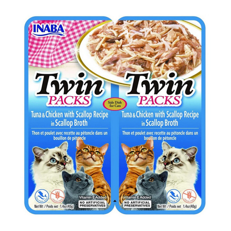 INABA Twin Packs Karma dla kota Szarpane kawałki mięsa w galaretce tuńczyk, kurczak i przegrzebki 2 x 40 g
