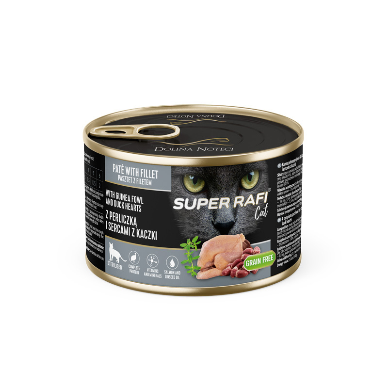Karma mokra dla kotów sterylizowanych Super Rafi Cat z perliczką i sercami z kaczki 185 g