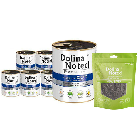 Mokra karma dla psa Dolina Noteci Premium bogata w dorsza z brokułami zestaw 6 x 800 g + gratis Natural Treats Veal Liver wątroba cielęca 150 g