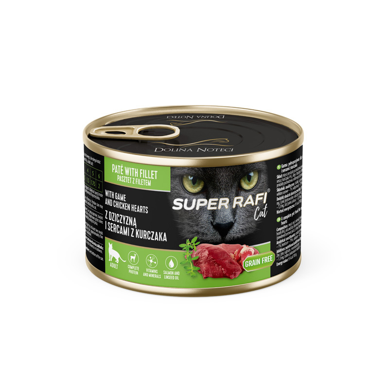 Karma mokra dla kotów Super Rafi Cat z dziczyzną i sercami z kurczaka 185 g
