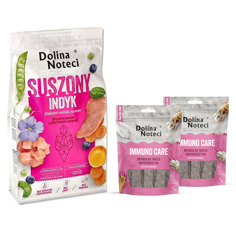 Karma suszona dla psa Dolina Noteci Premium indyk 9 kg + gratis 2 x Smart Chews Immuno Care wspierające odporność