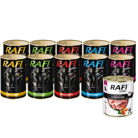 Mokra karma dla psa Rafi Classic Mix 10 x 1240 g + Rafi Classic z indykiem 800 g gratis