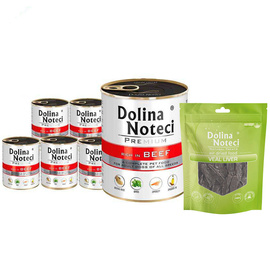 Mokra karma dla psa Dolina Noteci Premium bogata w wołowinę zestaw 6 x 800 g + gratis Natural Treats Veal Liver wątroba cielęca 150 g