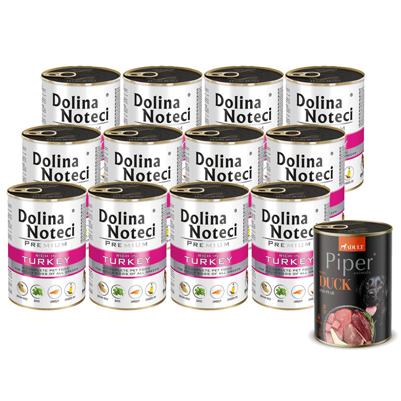 Mokra karma dla psa Dolina Noteci Premium bogata w indyka zestaw 12 x 400 g + Piper Animals z kaczką i gruszką 400 g Gratis
