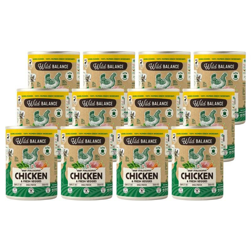 Wild Balance Karma mokra dla psa Kurczak z marchwią i szpinakiem (dorosły i szczeniak) zestaw 12 x 400 g