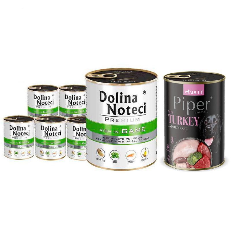 Mokra karma dla psa Dolina Noteci Premium bogata w dziczyznę zestaw 6 x 800 g + Piper Animals z indykiem i brokułem 400 g Gratis