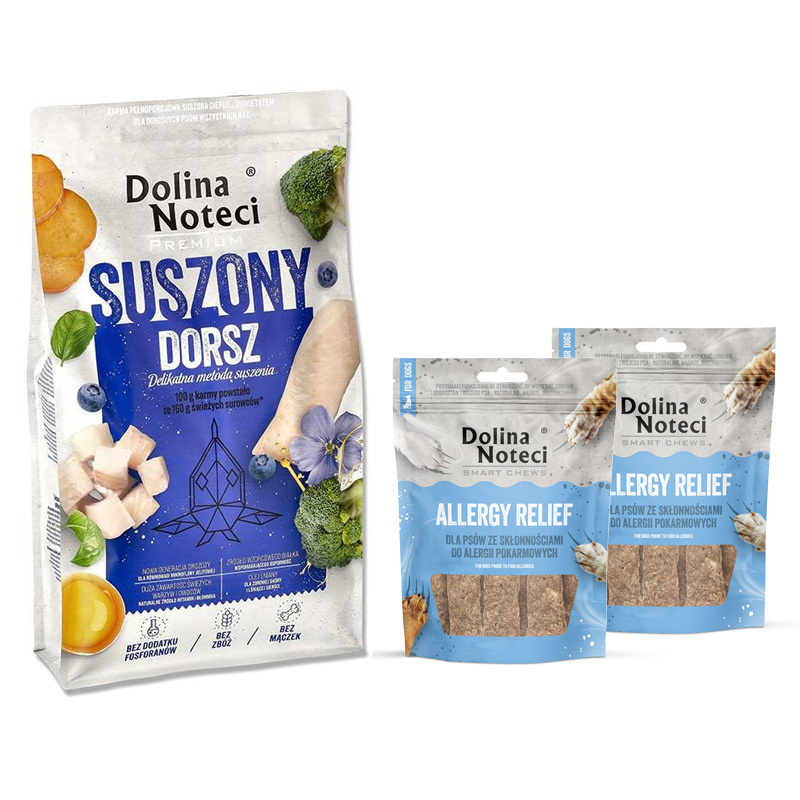 Karma suszona dla psa Dolina Noteci Premium dorsz 9 kg + gratis 2 x Smart Chews Allergy Relief dla psa ze skłonnościami do alergii