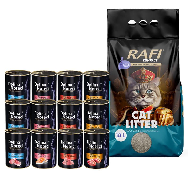 Dolina Noteci Premium Zestaw Mokra karma dla kota 12 x 400 g + Rafi Zbrylający żwirek o zapachu lawendy Compact 10 l