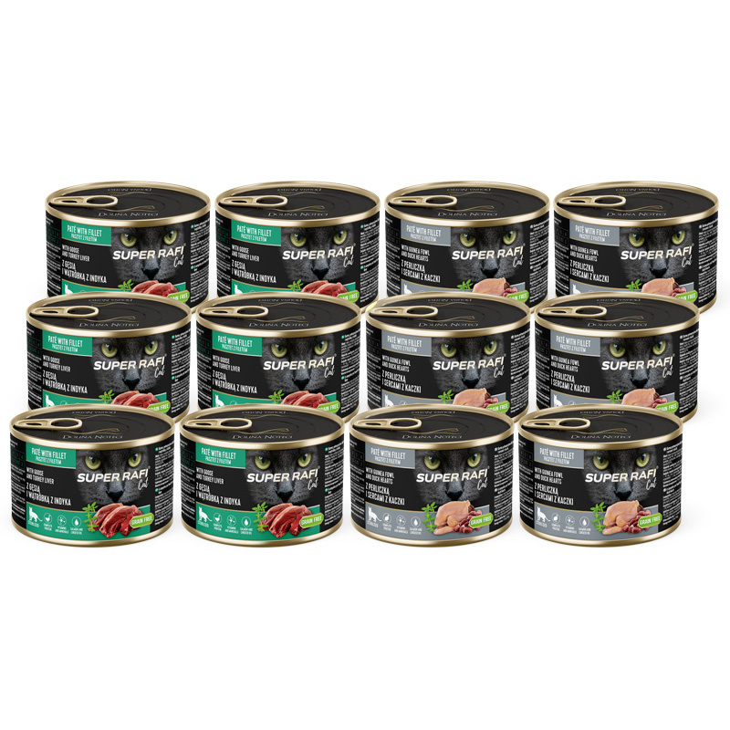 Karma mokra dla kotów sterylizowanych Super Rafi Cat mix smaków zestaw 12 x 185 g