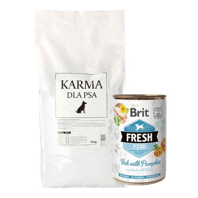 Sucha karma pełnoporcjowa dla psa dorosłego wszystkich ras 10 kg + Karma dla psa Brit Fresh Dog Ryba z Dynią 400g