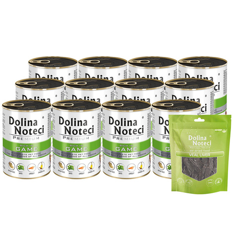 Mokra karma dla psa Dolina Noteci Premium bogata w dziczyznę zestaw 12 x 400 g + gratis Natural Treats Veal Liver wątroba cielęca 150 g