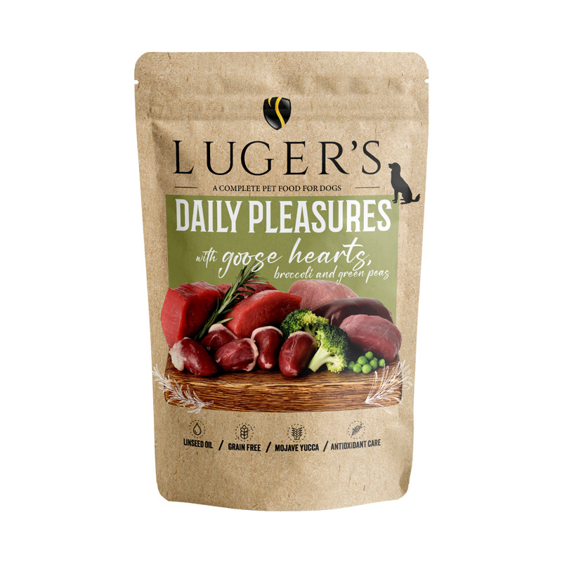 Karma mokra dla psa Luger's Daily Pleasures z sercami z gęsi, brokułem i zielonym groszkiem 500 g