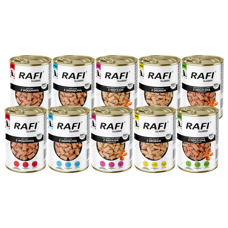 Mokra karma dla psa Rafi Classic mix smaków zestaw 10 x 1240 g