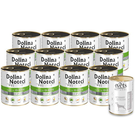 Mokra karma dla psa Dolina Noteci Premium bogata w dziczyznę zestaw 12 x 800 g + gratis 4Vets Natural Low Stress 400 g