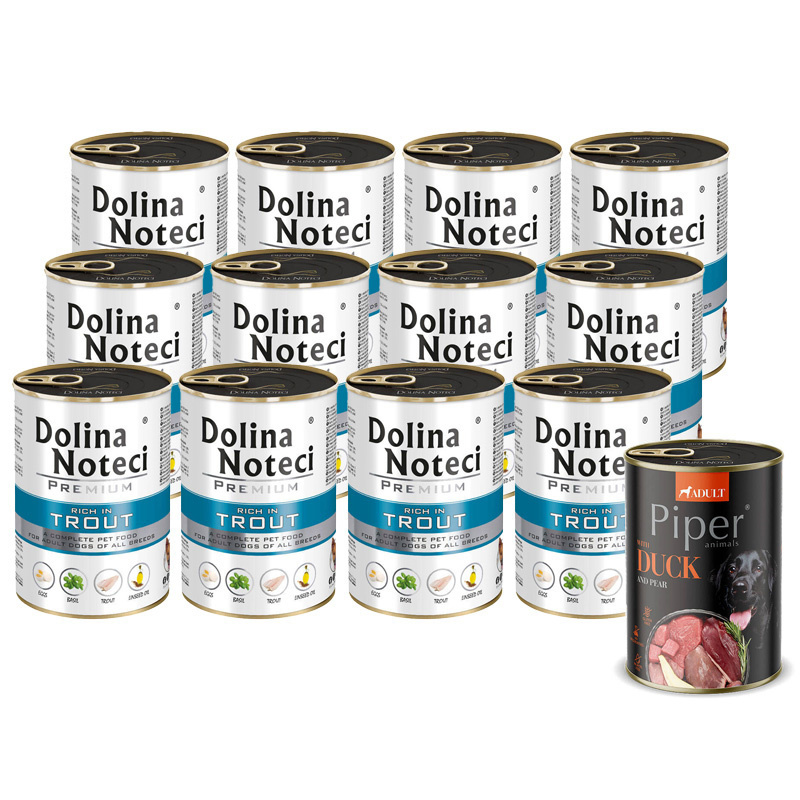 Mokra karma dla psa Dolina Noteci Premium bogata w pstrąga zestaw 12 x 400 g + Piper Animals z kaczką i gruszką 400 g Gratis
