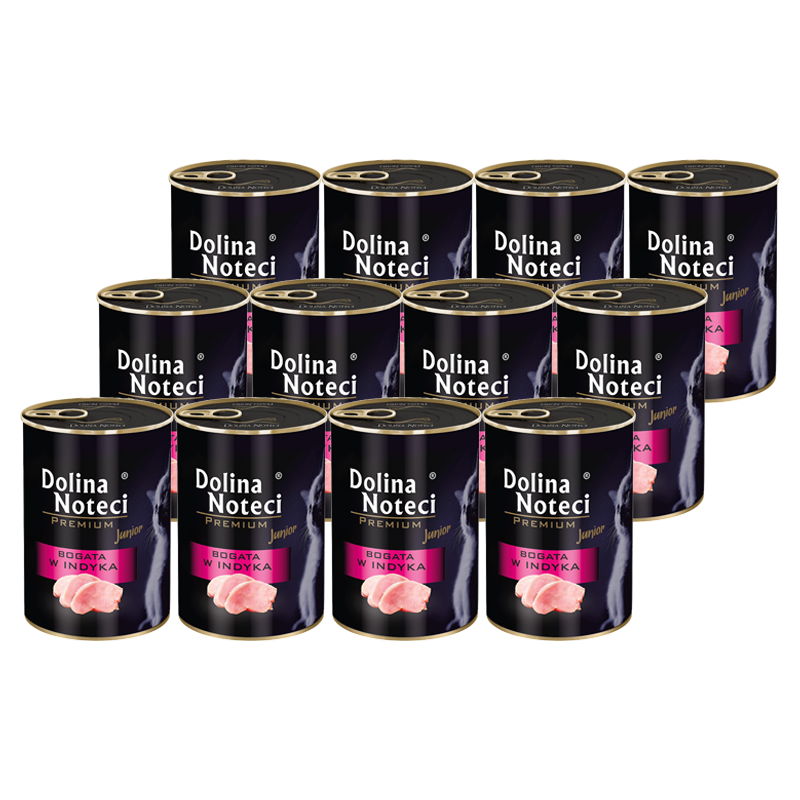 Mokra karma dla kociąt bogata w indyka Dolina Noteci Premium Junior zestaw 12 x 400 g