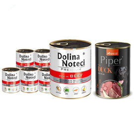 Mokra karma dla psa Dolina Noteci Premium bogata w wołowinę zestaw 6 x 800 g + Piper Animals z kaczką i gruszką 400 g Gratis