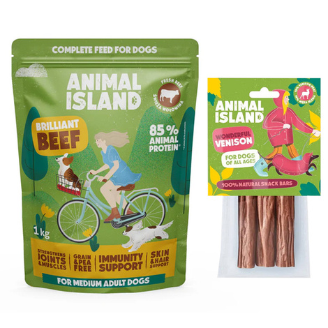 Animal Island Sucha karma dla psa z wołowiną 1 kg + Kabanosy z jelenia przysmak dla psa 3 szt. gratis