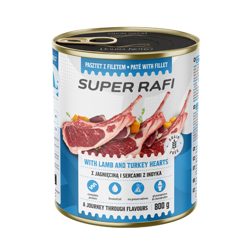 Super Rafi Mokra karma dla psa z jagnięciną i sercami indyka 800 g