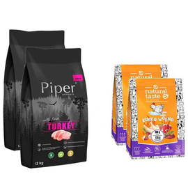 Karma sucha dla psa Piper Animals Junior z indykiem 2 x 12 kg + Karma suszona Natural Taste Kurka Wodna 2 x 1 kg