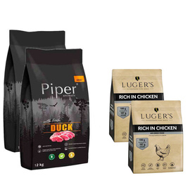 Karma sucha dla psa Piper Animals z kaczką 2 x 12 kg + Luger’s karma suszona dla psa bogata w kurczaka 2 x 1 kg