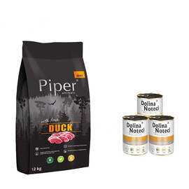 Karma sucha dla psa Piper Animals z kaczką zestaw 12 kg + 3 x 800 g Dolina Noteci Premium kaczka
