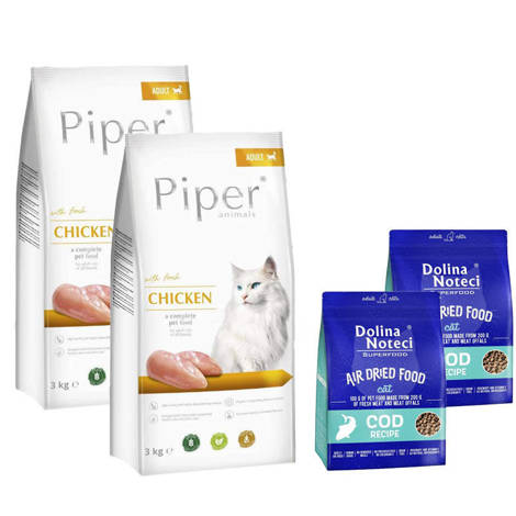  Karma sucha dla kota Piper Animals z kurczakiem 2 x 3 kg + Dolina Noteci Superfood danie z dorsza karma suszona dla kota 2 x 1 kg