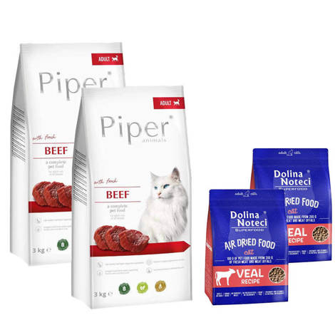  Karma sucha dla kota Piper Animals z wołowiną 2 x 3 kg + Dolina Noteci Superfood danie z cielęciny karma suszona dla kota 2 x 1 kg