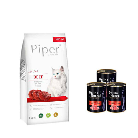  Karma sucha dla kota Piper Animals z wołowiną zestaw 3 kg (do 15.12.2023) + 3 x 400 g Dolina Noteci Premium z cielęciną