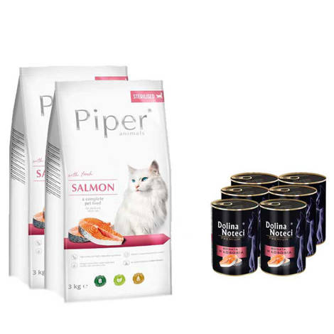  Karma sucha dla kota po sterylizacji Piper Animals z łososiem zestaw 2 x 3 kg + 6 x 400 g Dolina Noteci Premium z łososiem