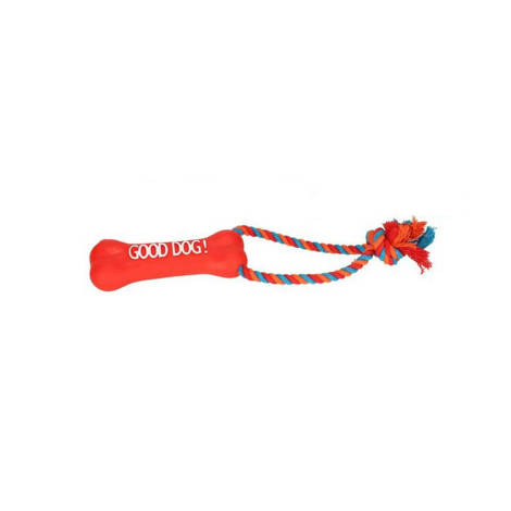 DINGO zabawka winylowa kość i sznur czerwona 13 cm