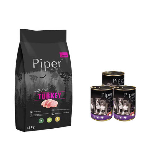 Karma sucha dla psa Piper Animals Junior z indykiem zestaw 12 kg + 3 x 400 g Piper junior z cielęciną i jabłkiem