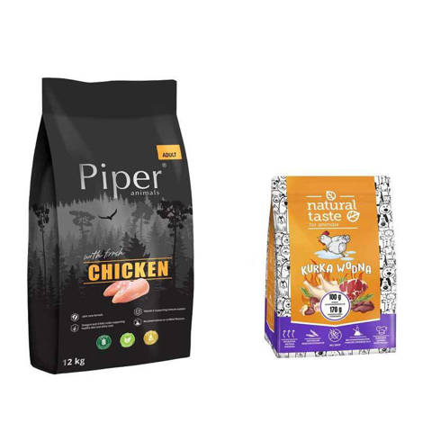 Karma sucha dla psa Piper Animals z kurczakiem worek 12 kg + Karma suszona Natural Taste Kurka Wodna 1 kg