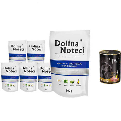 Mokra karma dla psa Dolina Noteci Premium bogata w dorsza z brokułami zestaw 10 x 500 g + gratis Piper Animals z sercami kurczaka i ryżem 400 g