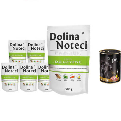 Mokra karma dla psa Dolina Noteci Premium bogata w dziczyznę zestaw 10 x 500 g + gratis Piper Animals z sercami kurczaka i ryżem 400 g