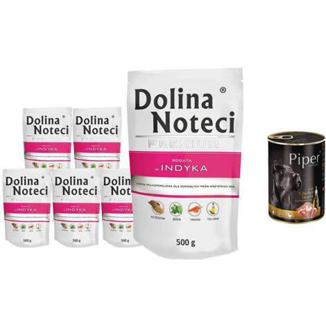 Mokra karma dla psa Dolina Noteci Premium bogata w indyka zestaw 10 x 500 g + gratis Piper Animals z sercami kurczaka i ryżem 400 g