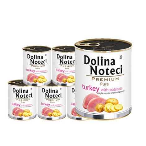Mokra karma dla psa alergika Dolina Noteci Premium Pure bogata w indyka z ziemniakami zestaw 6 x 800 g